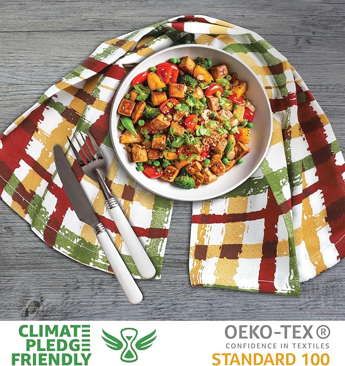 Urban Villa Fall Kitchen Towels Harvest Checks Print Dish Towels Set of 6 20"X30” 100% Cotton Highly Absorbent Quick Drying Dish Cloths & Dish Towels Thanks Giving Tea Towels with hanging loop Towels
