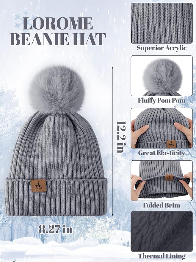 LOROME Women Winter Beanie Hat Scarf Gloves Set, Fleece Knitted Pompom Hat Warm Neck Scarf Touchscreen Gloves Winter Gift