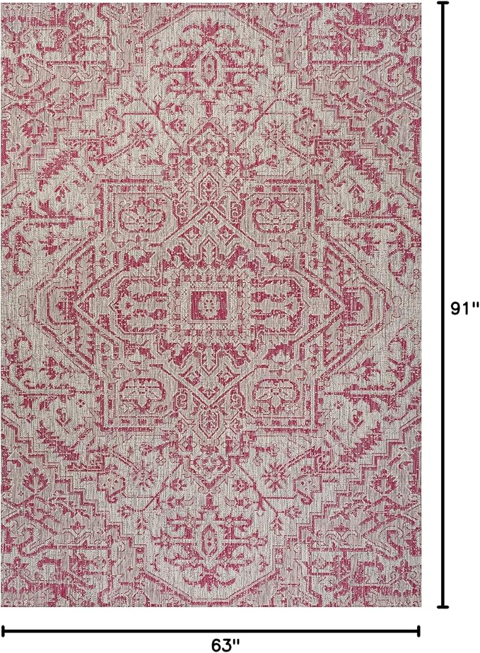 JONATHAN Y Boho Medallion Indoor Outdoor Area Rug 5X8 Light Gray/Fuchsia, Estrella Textured Weave for Backyard, Patio, Porch, Easy-Cleaning, High Traffic, Pet-Friendly, Non-Shedding (SMB105F-5)
