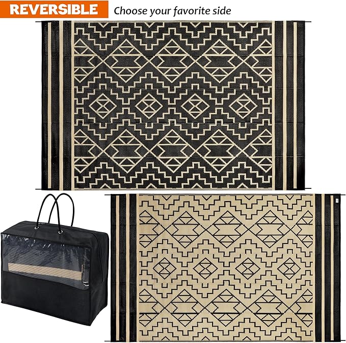 SAND MINE Reversible Mats, Plastic Straw Rug, Modern Area Rug, Large Floor Mat and Rug for Outdoors, RV, Patio, Backyard, Deck, Picnic, Beach, Trailer, Camping (6' x 9', Black & Beige)