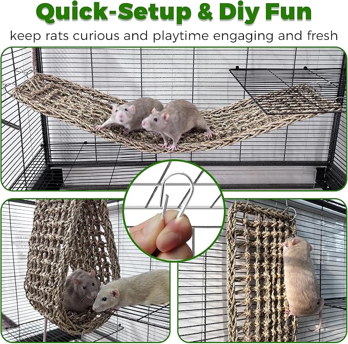 30x7inch Rat Climbing Toys for Cage, Chewable Natural Seagrass Mat | with Metal Hooks, Soft Fall Breakers for Rats, Rat Ladder Bridge Toy with Mild Grassy Scent, Rodent Hammock Cage Accessories