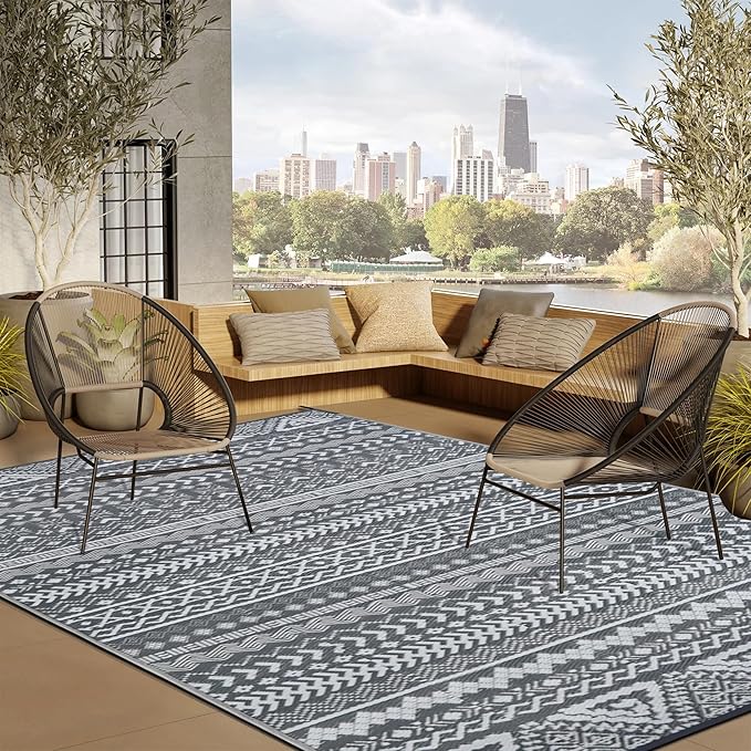 SAND MINE Reversible Mat, Indoor Outdoor Rug Carpet, Reversible Patio Rug, RV Camping Rug, Plastic Straw Rug, Large Floor Mat for RV, Patio, Backyard, Picnic, Camping, Grey & White, 6' x 9'