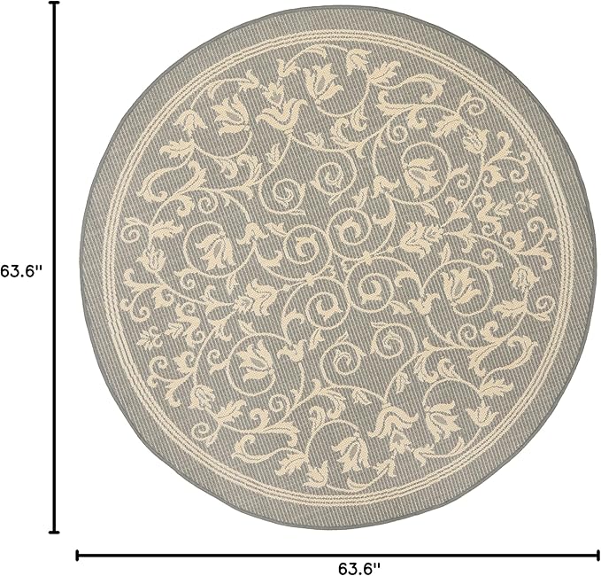 SAFAVIEH Washable Rug Outdoor Courtyard Collection - 5'3" Round, Grey & Natural, Non-Shedding & Easy Cleaning, Ideal for Patio, Backyard, Mudroom (CY2098-3606)