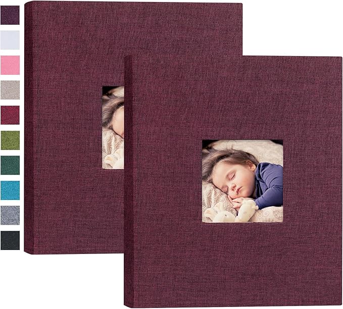 Mublalbum 2 Pack Small 8x10 Photo Album 2 Pack Linen Cover with Display Window Mini Picture Book Each Holds 52 Vertical Pockets for Artwork Postcards or Pictures Storage (Purple)