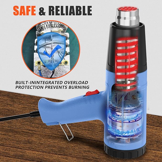 Side Digital Display Heat Gun, Quick heating Heat Gun' set, Variable Temperature control 122 ℉~1202 ℉ Overheat protection, With 4 Nozzles, Suitable for Heat shrink tubing and PVC softening