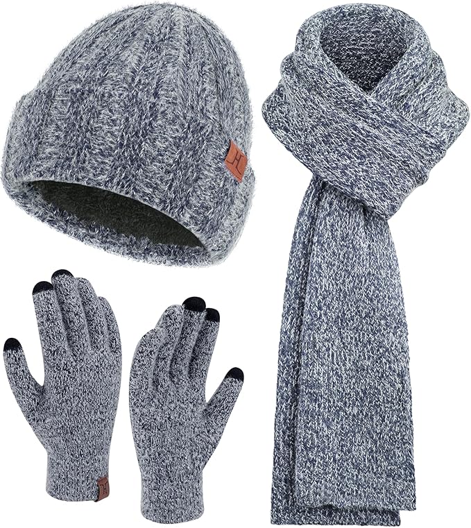 Womens Winter Warm Knit Beanie Hat Touchscreen Gloves Long Neck Scarf Set with Fleece Lined Skull Caps Gifts for Women