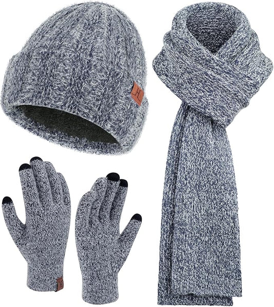 Womens Winter Warm Knit Beanie Hat Touchscreen Gloves Long Neck Scarf Set with Fleece Lined Skull Caps Gifts for Women