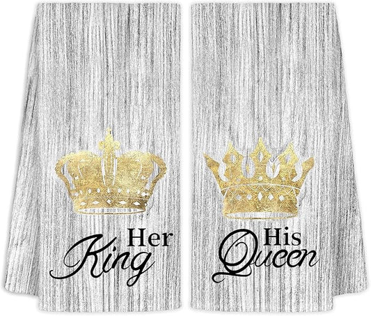 His and Hers Kitchen Towels Set of 2 - Wedding Engagement Gifts for Newlyweds Couples Bride and Groom, Just Married Honeymoon Gifts, King and Queen Decorative Hand Towels for Bathroom 16x24