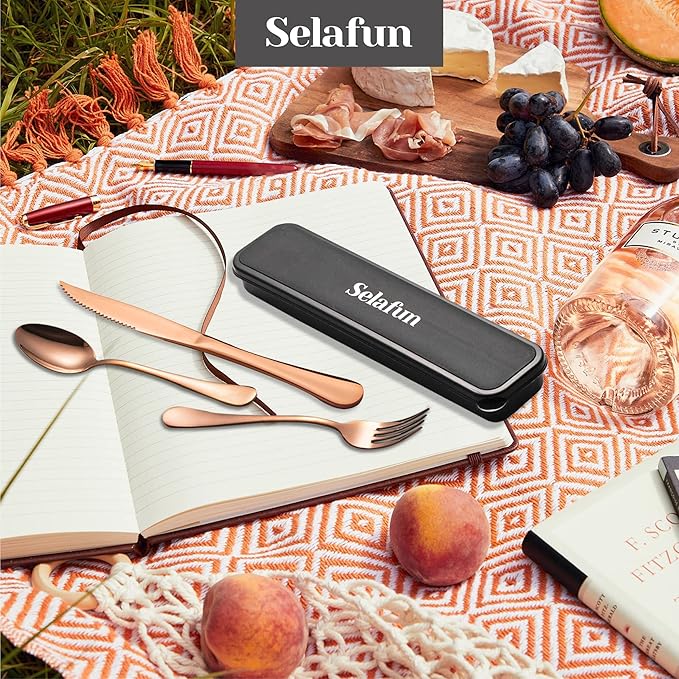 4-pieces Travel Set with Case Portable Silverware Utensils Set for work, Stainless Steel Reusable Flatware Set Cutlery Set for Camping Picnic Hiking Office (6.7inch, Rose Gold)