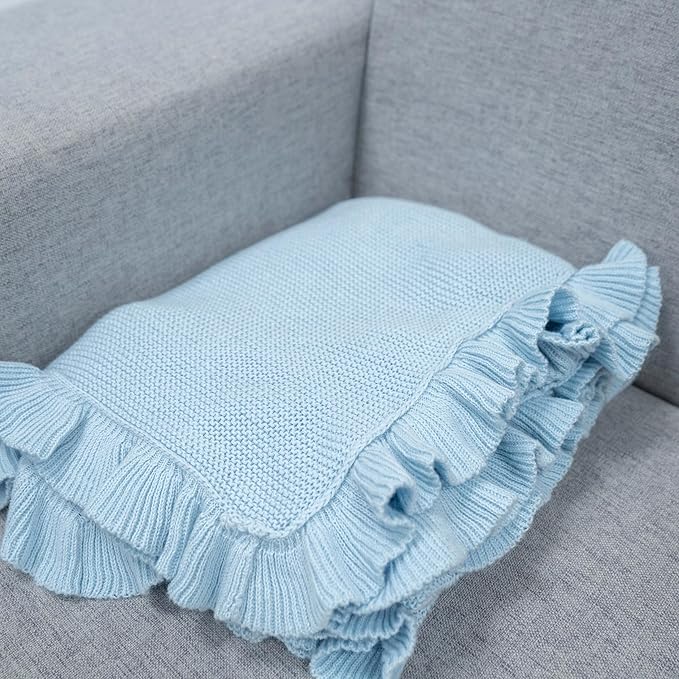 Ruffle Knit Blanket for Baby - 100% Luxury Soft Cotton Knit Warm Cozy Cuddle Stroller Crib Blanket for Newborns, Infants, & Toddlers (Baby Blue)