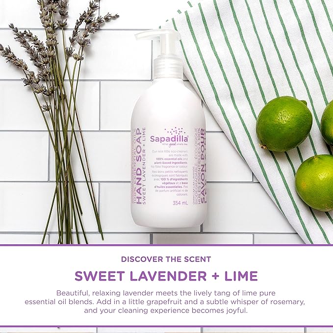 Sapadilla Liquid Hand Soap - Sweet Lavender + Lime - Made with 100% Pure Essential Oil Blends, Cleansing & Moisturizing, Aromatic & Fragrant Hand Soap, Plant Based, Biodegradable, 12 Ounce (Pack of 2)