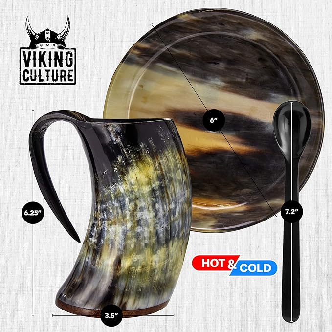 Viking Culture Coffee Horn Mug with Spoon, Plate and Bag, 3 Pc Set, Horned Handle with Rustic Natural Finish, Safely Holds Hot and Cold Tea, Cocoa, Wine, Beer or Mead