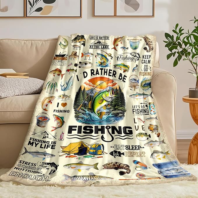 Fishing Blanket Gifts for Men Soft Flannel Fishing Throw Blanket Funny Fish Gift Merch Stuff for Boys Fisherman 60"X50"