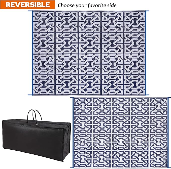 SAND MINE Reversible Mats, Plastic Straw Rug, Modern Area Rug, Large Floor Mat and Rug for Outdoors, RV, Patio, Backyard, Deck, Picnic, Trailer, Beach, Camping, Dark Blue & White, 9' x 12'