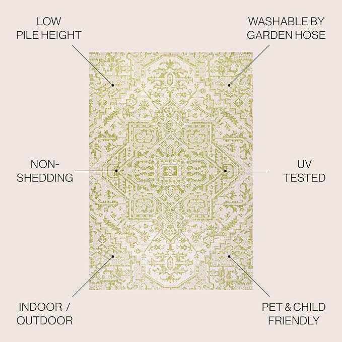 JONATHAN Y Boho Medallion Indoor Outdoor Round Area Rug 5 Ft Cream/Green, Estrella Textured Weave for Backyard, Patio, Porch, Easy-Cleaning, High Traffic, Pet-Friendly, Non-Shedding (SMB105E-5R)