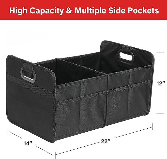 Simple Deluxe Car Trunk Organizer, 2 Compartments Collapsible Trunk Storage, Anti-slip Design, Made of Waterproof 600D Oxford Polyester, Suitable for SUV, Minivan, Truck, Standard Size, Black New