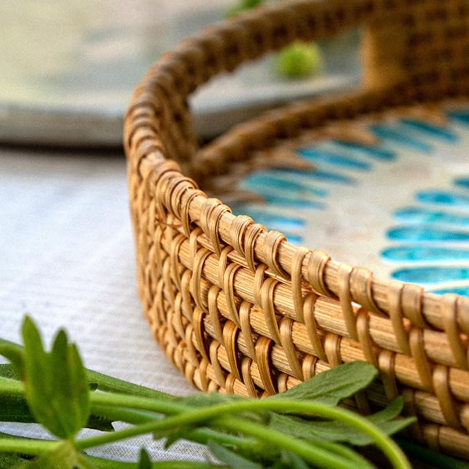 JUNGLE CULTURE Large Rattan Serving Tray 14" with Mother of Pearl Inlay • Coastal Boho Collection • Handcrafted Serving Tray with Handles • Round Woven Table Trays for Home • Wicker Basket – Ripple