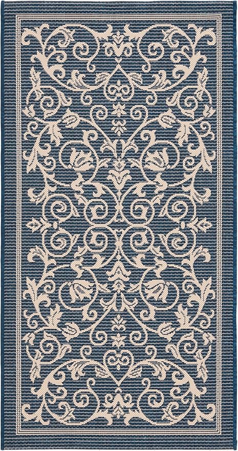 SAFAVIEH Washable Rug Outdoor Courtyard Collection - 2'7" x 5', Navy & Beige, Non-Shedding & Easy Cleaning, Ideal for Patio, Backyard, Mudroom (CY2098-268)