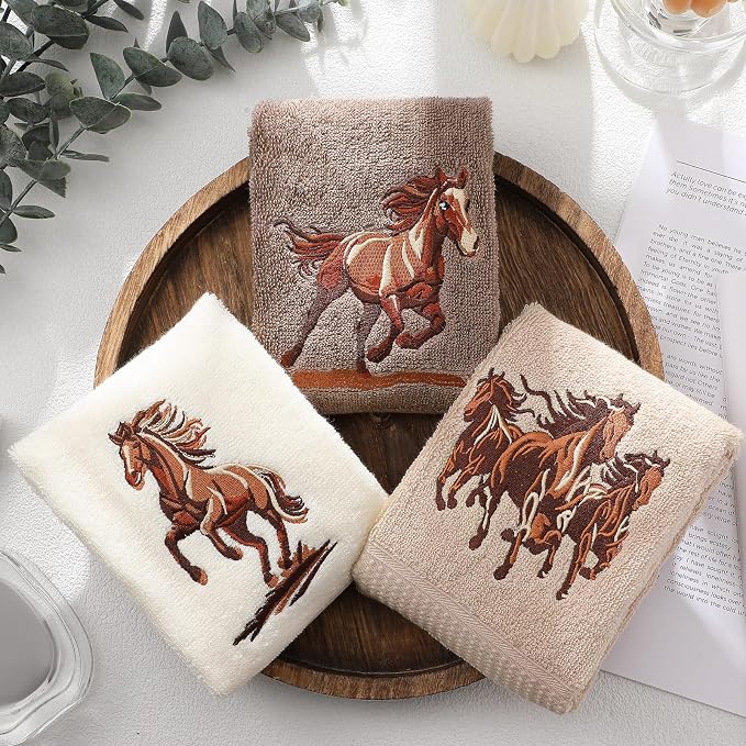 3 Pcs Western Horse Hand Towels Set for Bathroom | 100% Cotton Embroidered, Decorative Equestrian Horse Themed Gifts, farmhouse Towels for Bathroom Kitchen Decor 13.3 x 29.5''