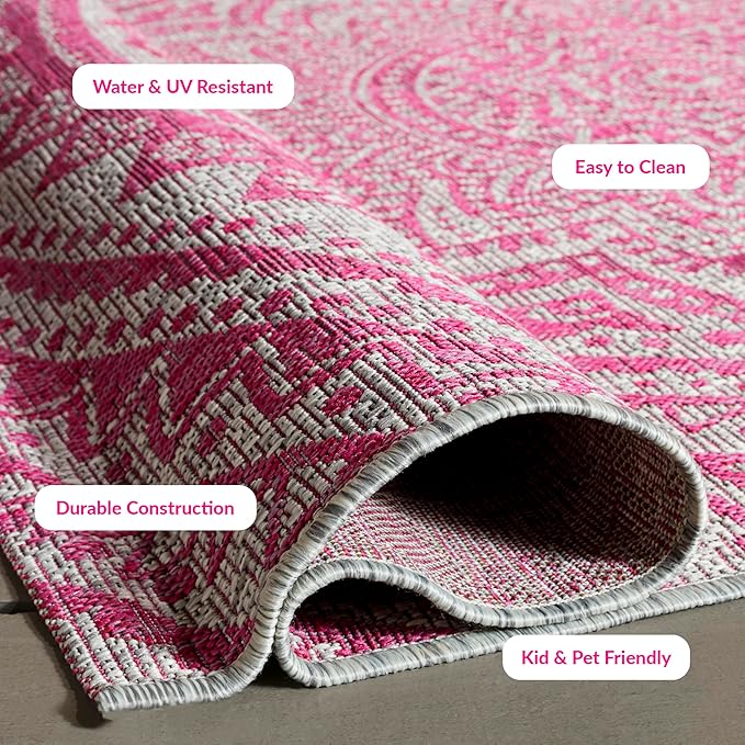 SAFAVIEH Washable Rug Outdoor Courtyard Collection - 2'7" x 5', Light Grey & Fuchsia Pink Purple, Non-Shedding & Easy Cleaning, Ideal for Patio, Backyard, Mudroom (CY8734-39712)