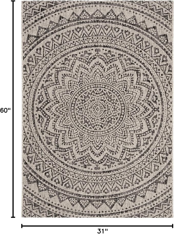 SAFAVIEH Washable Rug Outdoor Courtyard Collection - 2'7" x 5', Light Grey & Black, Non-Shedding & Easy Cleaning, Ideal for Patio, Backyard, Mudroom (CY8734-37612)