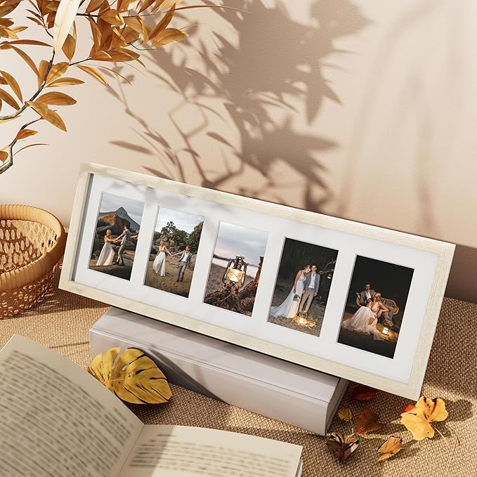 Vittanly 8x24 Collage Picture Frame, Displays 5Pcs 4x6 Pictures with Mat or 1Pcs 8x24 without Mat, Picture Frames Collage Wall Decor for Horizontal or Vertical Display, Cornsilk, 1 Pack