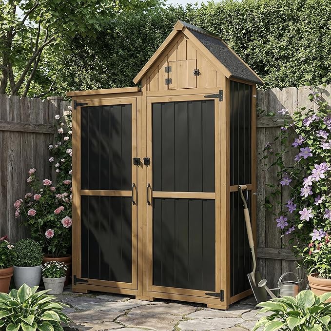 PetsCosset Outdoor Storage Cabinet Wood & Metal Garden Shed with Lockable Doors, 3 Adjustable Shelves, Weatherproof Patio Backyard Storage for Tools & Garden Supplies