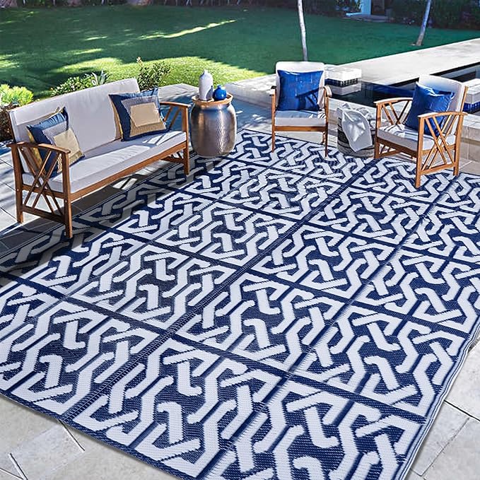 SAND MINE Reversible Mats, Plastic Straw Rug, Modern Area Rug, Large Floor Mat Rug for Outdoors, RV, Patio, Backyard, Deck, Picnic, Beach, Trailer, Camping, Dark Blue & White, 5' x 8'