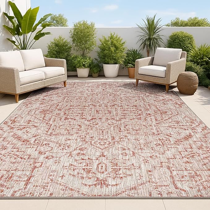 JONATHAN Y Boho Medallion Indoor Outdoor Area Rug 9X12 Red/Taupe, Estrella Textured Weave for Backyard, Patio, Porch, Easy-Cleaning, High Traffic, Pet-Friendly, Non-Shedding (SMB105A-9)