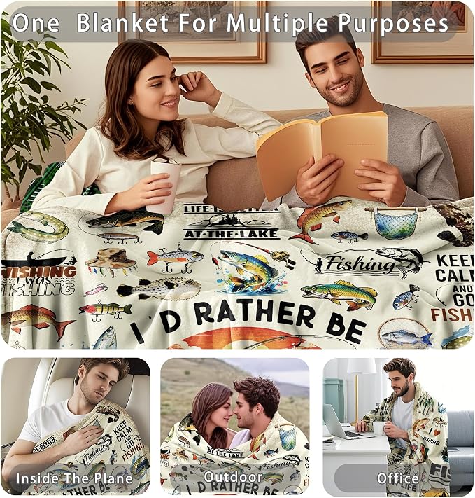 Fishing Blanket Gifts for Men Soft Flannel Fishing Throw Blanket Funny Fish Gift Merch Stuff for Boys Fisherman 60"X50"