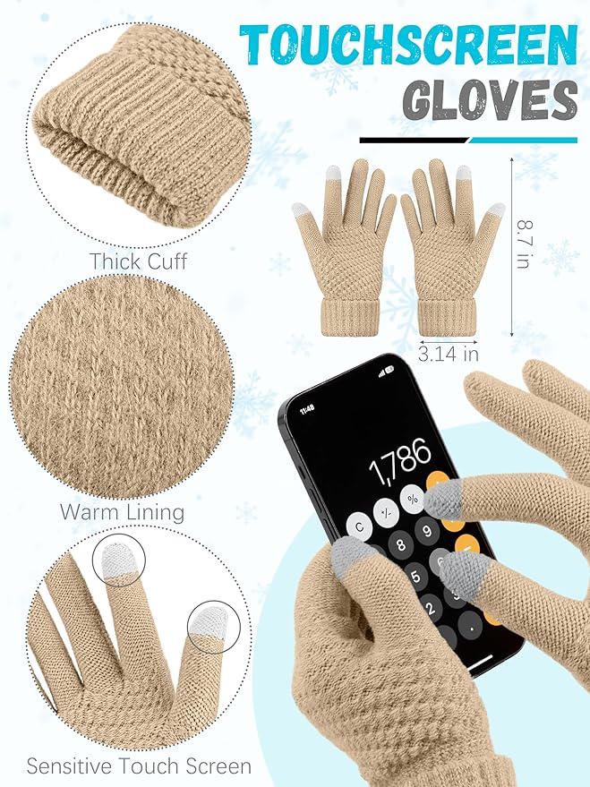 Winter Beanie Hat Scarf Gloves, Warm Fleece Knit Hats Touch Screen Gloves Neck Scarf Set Winter Gifts for Unisex Adult
