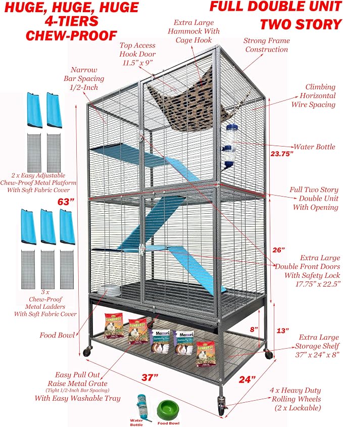 XX-Large 37"x24"x63"H Two Full Story Deluxe Double Unit Critter Cage Extra Large Double Large Front Doors Tight 1/2-inch Wire Spacing for Feisty Ferret Hammock Chinchilla Cat Sugar Glider On Wheels