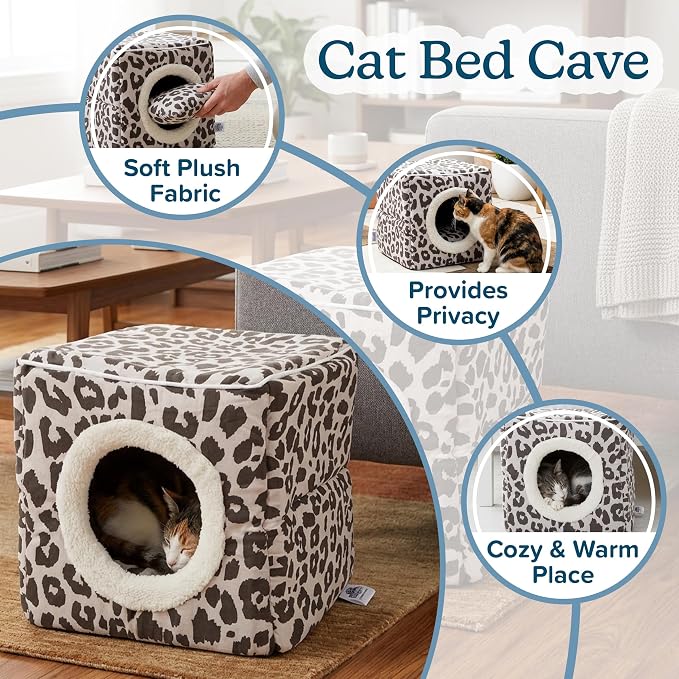 Cat House - Indoor Bed with Removable Foam Cushion - Cat Cave for Puppies, Rabbits, Guinea Pigs, and Other Small Animals by PETMAKER (Animal Print)