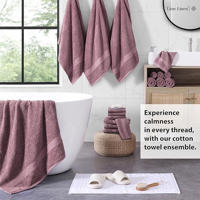 LANE LINEN 100% Ring Spun Cotton Bath Towel Set, 18PCs - 4 Shower Towels, 8 Washcloths, 6 Hand Towels for Bathroom - Sustainably Produced, Ultra Soft & Highly Absorbent - Wistful Mauve