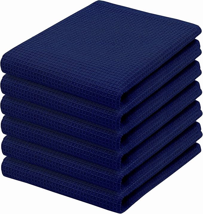 PurpleEssences Waffle Weave Kitchen Towel, 100% Cotton 15x25 Inches, with Hanging Loop Soft Absorbent Quick Drying Dish Cloth, Tea and Hand Towels, 6 Pack - Christmas Holiday Winter - Navy Blue