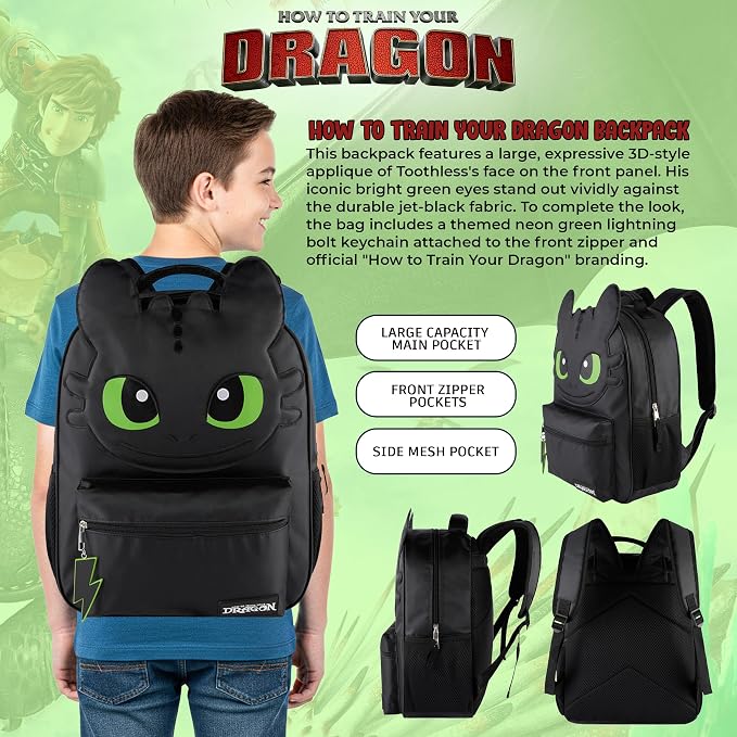 AI ACCESSORY INNOVATIONS How to Train Your Dragon Toothless Backpack, Black 16 Inch School Bag with 3D Face Applique, Green Eyes, Lightning Bolt Keychain, for Boys and Girls