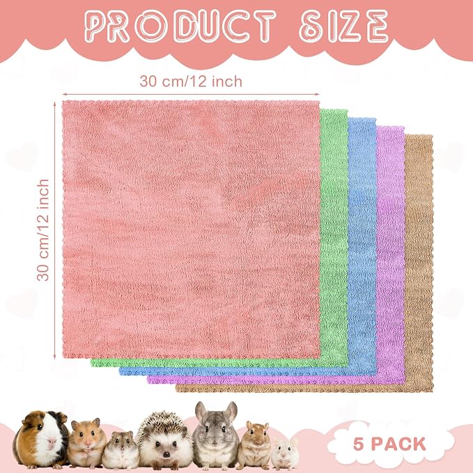 SmoothNovelty 5 Waterproof Guinea Pig Blankets, Colorful, 12 x 12 Inch | Colorful Small Animal Pad, Waterproof Pee Pad, Washable Coral Fleece Cage Liner, for Guinea Pig Rabbit Hamster