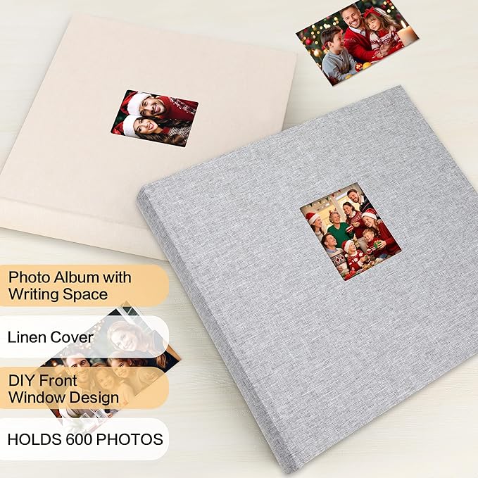 Photo Album 4x6 600 Photos with Writing Space,4 x 6 Photo Book Linen Cover with Front Window, 4x6 Picture Album, 600 Photos Photo Album Book for Wedding Kids Travel Family Baby Pictures (Grey)