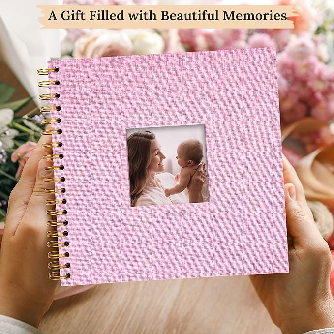 Scrapbook Photo Album Linen Cover, 8 x 8 Inch Hardcover Kraft White Pages Memory Book, for Travel Wedding Guest Book Christmas Baby Shower (20 Sheets/ 40 Pages,Pink)