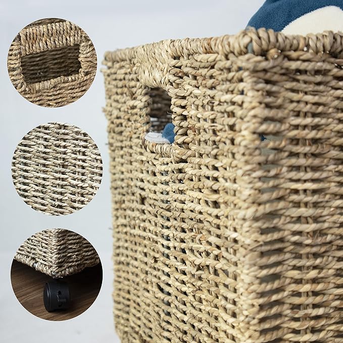 PEMAR Set 2 Nesting Natural Wicker Rolling Storage Baskets on Wheels w Insert Handles, Under Table Under Desk Woven Storage Bins, Mobile File Cabinet Organiser (Seagrass, Sizes M, L Nesting)