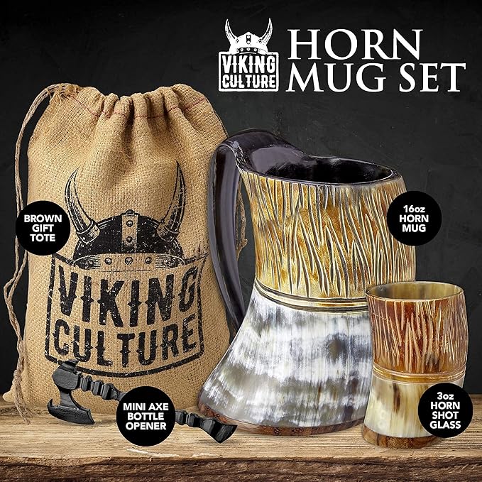 Viking Culture Ox Horn Mug, Shot Glass, and Axe Bottle Opener (3 Pc. Set) Authentic 16-oz. Ale, Mead, and Beer Tankard | Vintage Stein with Handle | Custom Intricate Design - Natural Finish | The Jarl