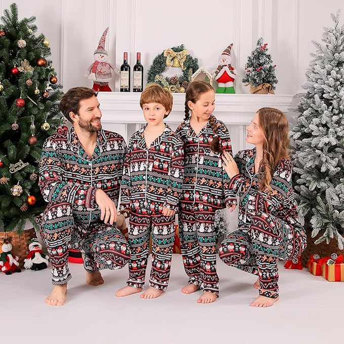 ANGELGGH Family Christmas PJs Matching Sets 2 Pcs Festival Party Pajamas Holiday Warm Sleepwear Couples Button Loungewear