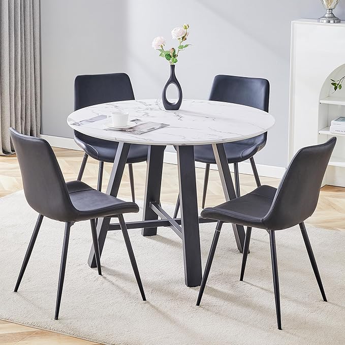 Round Dining Table Set for 4,Modern Round Kitchen Table and Chairs for 4,42" White faux Marble Circle Dining Table with 4 PU Leather Chairs,Circle Dining Table Set for Small Space Apartment Kitchen