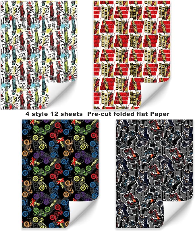 PlandRichW Monster Trucks Wrapping Paper - Folded for Boys Kids Adult Birthday Wrapping Paper Including Racing Monster Trucks Motocross for Party Holiday, Pre-cut 12 Sheets Each 20 X 29 Inches