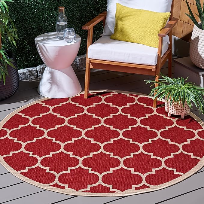 SAFAVIEH Washable Rug Outdoor Courtyard Collection - 5'3" Round, Red & Bone, Non-Shedding & Easy Cleaning, Ideal for Patio, Backyard, Mudroom (CY6914-248)