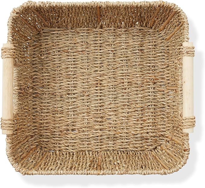 Casafield Set of 2 Seagrass Oval Storage Baskets with Wooden Handles - Small, Woven Bin Organizers