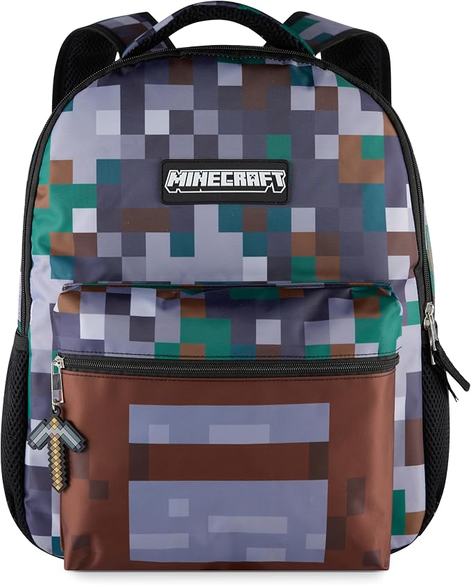 AI ACCESSORY INNOVATIONS Minecraft Backpack for Kids, Pixelated Block Print Design with Adjustable Straps, 16 Inch Rectangular Daypack, 3 Zippered Compartments, Water Repellent Polyester