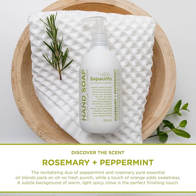 Sapadilla Liquid Hand Soap - Rosemary + Peppermint - Made with 100% Pure Essential Oil Blends, Cleansing & Moisturizing, Aromatic & Fragrant Hand Soap, Plant Based, Biodegradable, 12 Ounce (Pack of 2)