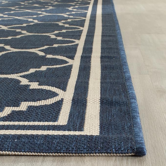 SAFAVIEH Washable Rug Outdoor Courtyard Collection - 6'7" Square, Navy & Beige, Non-Shedding & Easy Cleaning, Ideal for Patio, Backyard, Mudroom (CY6918-268)