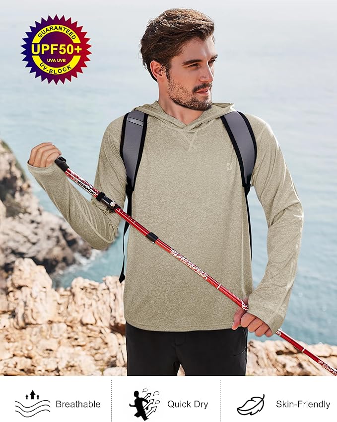 Roadbox Mens UPF 50+ Fishing Shirts, Long Sleeve UV Sun Hoodie, Hiking Running Swim Athletic Workout Shirt